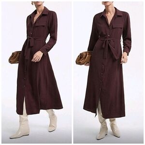 NEW Chic Midi Button Down Shirt Dress Long Sleeve Dark Brown